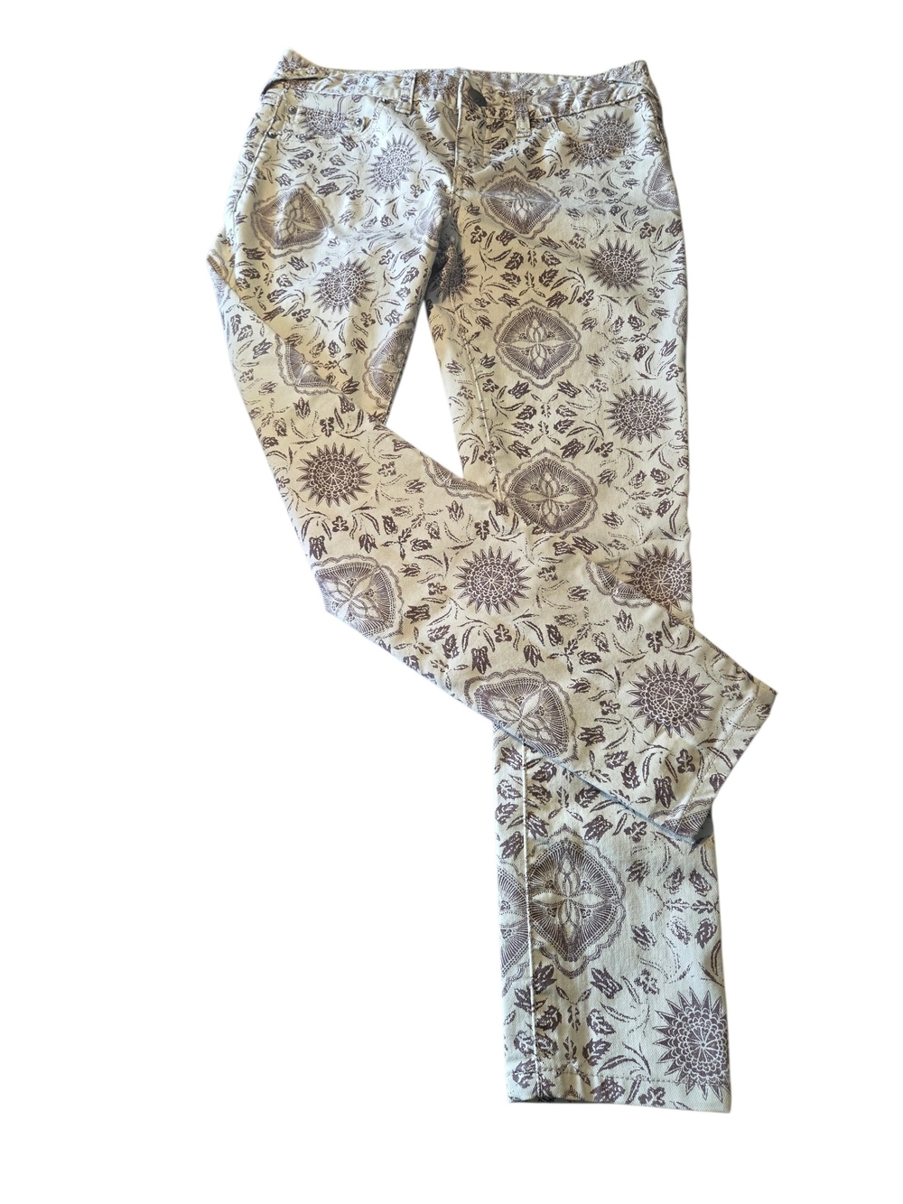 Free People Slim Ankle Crop Jeans Moroccan Mediallion Print Cream Brown Size 26